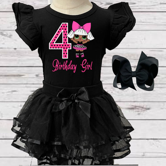 Baby Girls 3 Piece LOL Birthday Tutu Outfit | Black 4 Layered Tutu, Tshirt or Onesie, & Matching Hair Bow | LOL DOLLS Pink & Black Birthday Dress