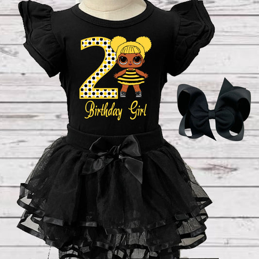 Baby Girls 3 Piece LOL Birthday Tutu Outfit | Black 4 Layered Tutu, Tshirt or Onesie, & Matching Hair Bow | LOL DOLLS Yellow & Black Birthday Dress