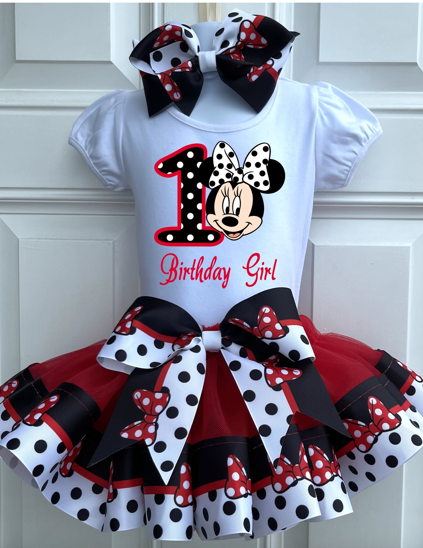 Girls 3 Piece Polkadot MINNIE MOUSE Birthday Ribbon Tutu Outfit | Includes Ribbon Tutu, Tshirt or Onesie and Matching Hair Bow