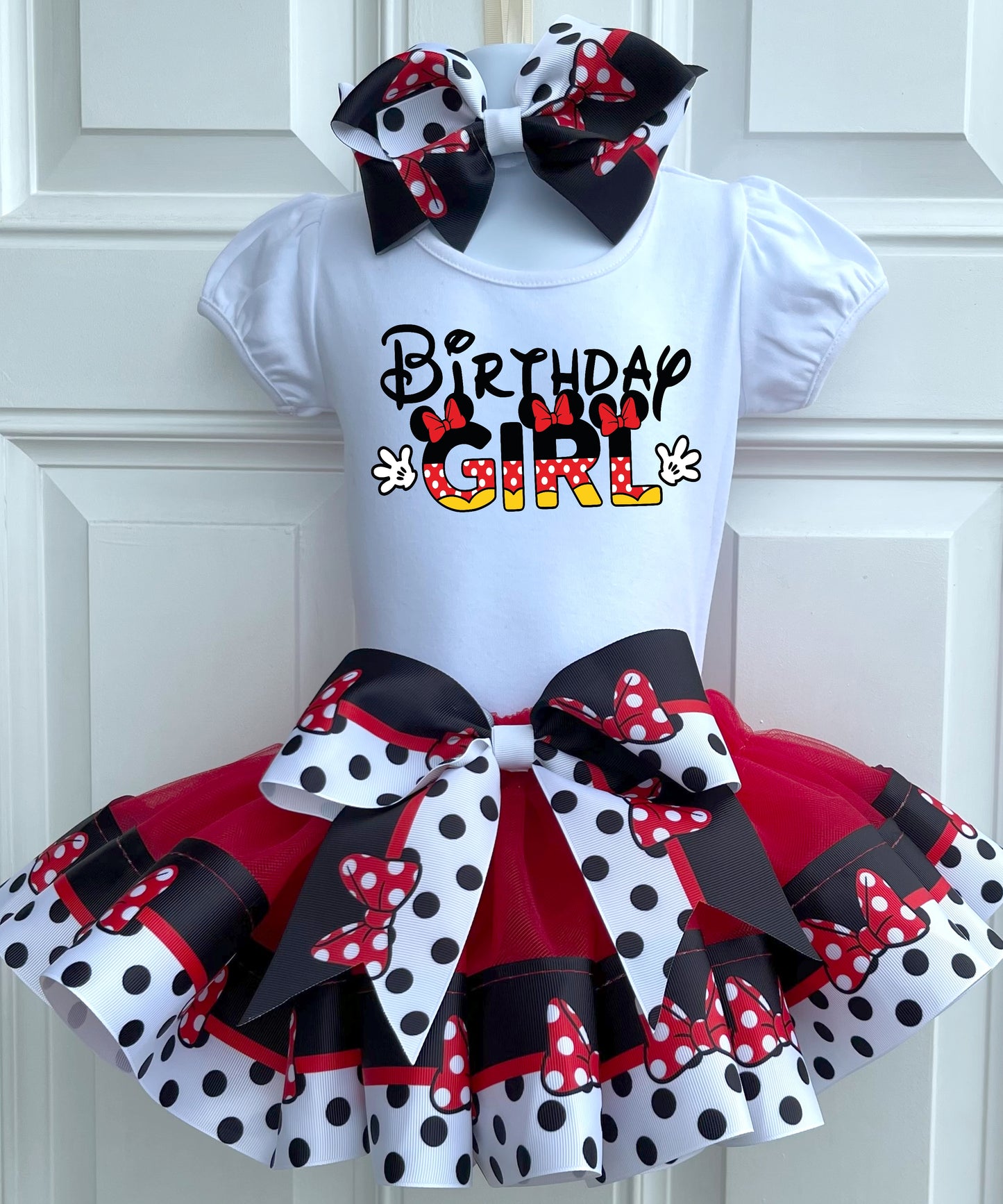 Girls 3 Piece Polkadot MINNIE MOUSE Birthday Ribbon Tutu Outfit | Includes Ribbon Tutu, Tshirt or Onesie and Matching Hair Bow (Copy)