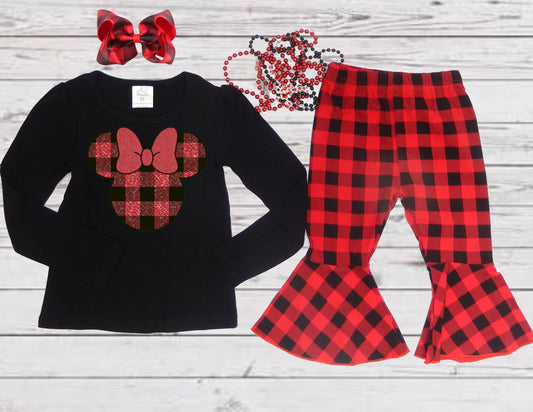 Baby Girls Buffalo Plaid Christmas 3 Piece Outfit | Black Long Sleeve Tshirt with Matching Pants and Hairbow | MINNIE MOUSE Christmas Buffalo Plaid Outfit | ADORABLE!