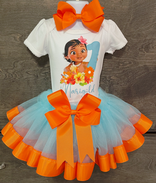 Girls 3 Piece MOANA Birthday Ribbon Tutu Outfit | Ribbon Tutu, Tshirt or Onesie & Matching Hair Bow | PRINCESS MOANA Birthday Dress