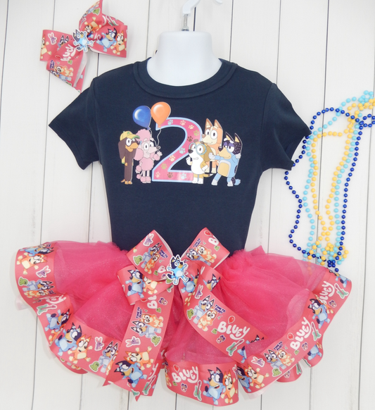 Girls 3 Piece BLUEY BINGO Pink Birthday Ribbon Tutu Outfit Includes Ribbon Tutu, Tshirt or Onesie and Matching Hair Bow