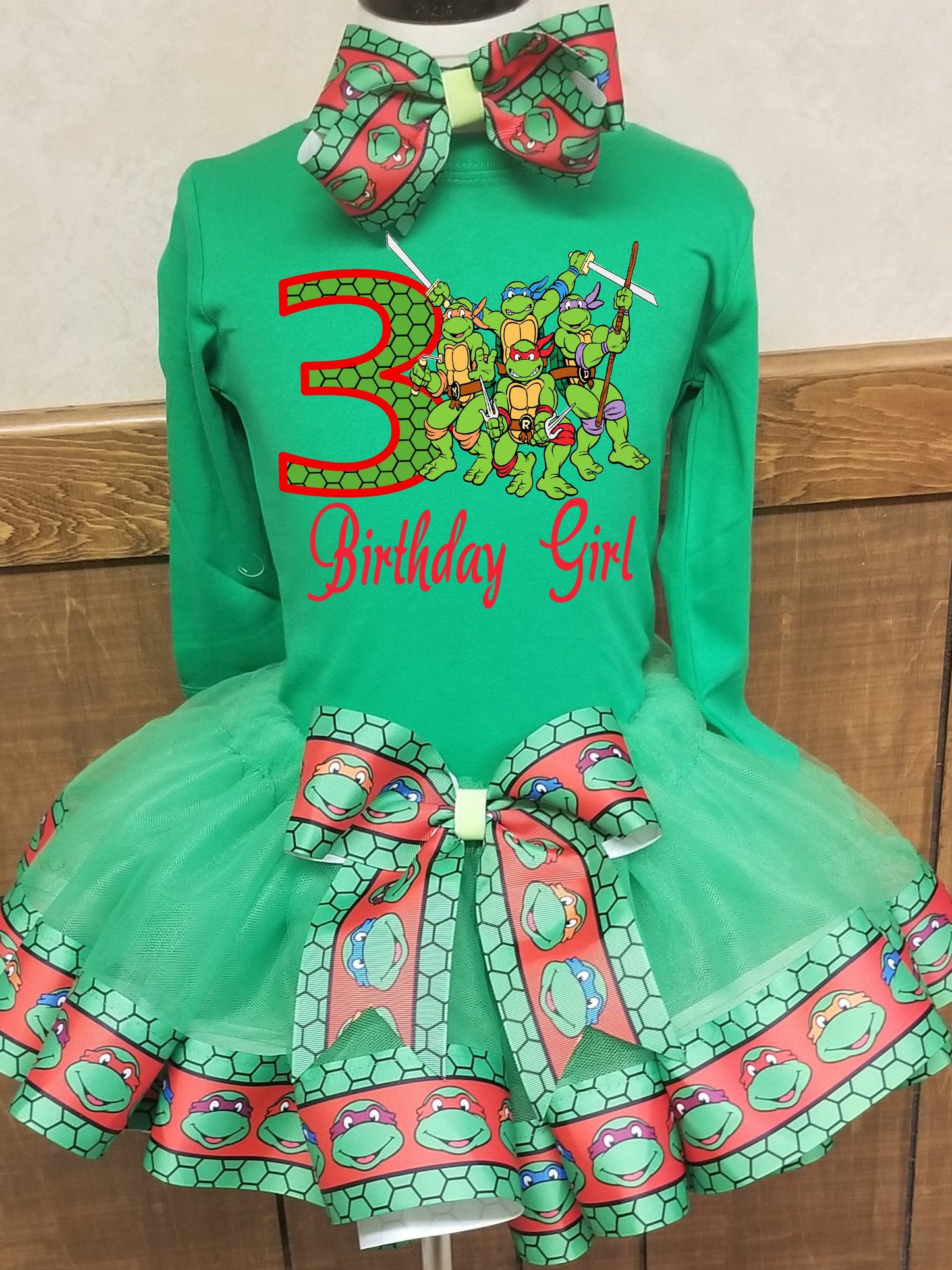 Girls 3 Piece NINJA TURTLE Birthday Ribbon Tutu Outfit Includes Ribbon Tutu, Tshirt or Onesie and Hair Bow