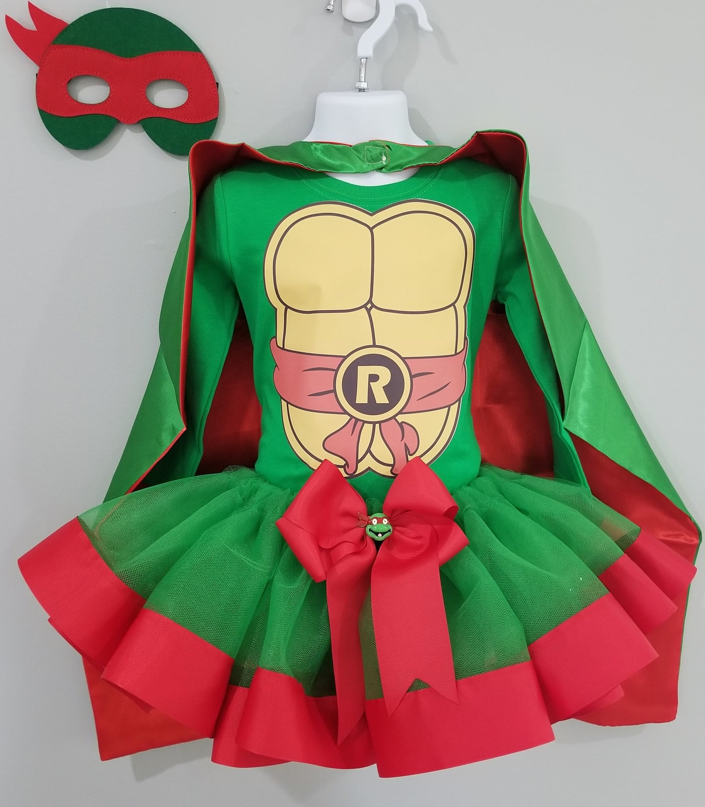 Girls 4 Piece NINJA TURTLE Halloween Tutu Costume |  Ribbon Tutu Outfit Includes Ribbon Tutu, Tshirt or Onesie and Matching MASK & CAPE