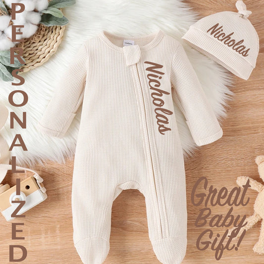 Baby Toddler Boys 2 Piece Off White Sleeper Set | Personalized Cream Long Sleeve Baby Sleeper with Zipper & Matching Hat | Great Baby Gift!