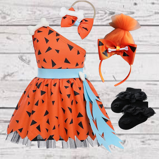 Girls 4 Piece PEBBLES Halloween Dress Costume | FLINSTONES Pebbles Dress Costume, Pebbles Headband Hair, Matching Headband & Black Socks | ADORABLE!