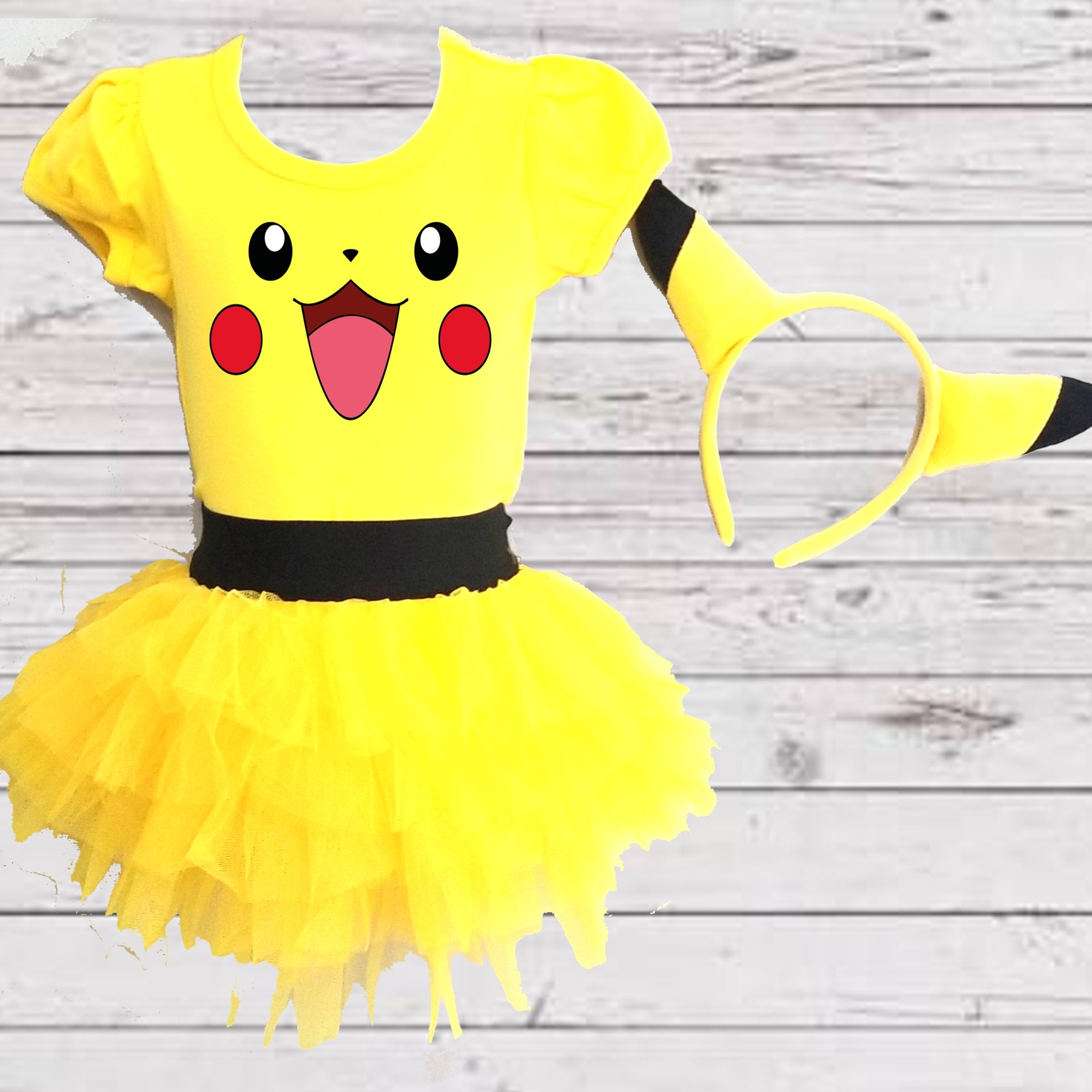 Girls 3 Piece PIKACHU Costume Ribbon Tutu Outfit Includes Ribbon Tutu,  Tshirt or Onesie and Matching Headband