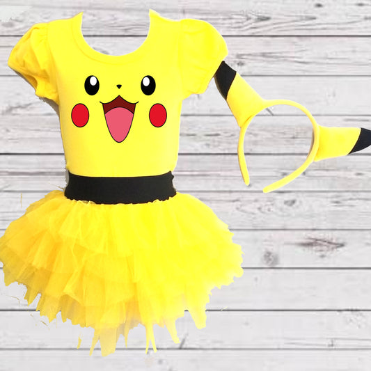 Girls 3 Piece PIKACHU Costume Ribbon Tutu Outfit Includes Ribbon Tutu, Tshirt or Onesie and Matching Headband