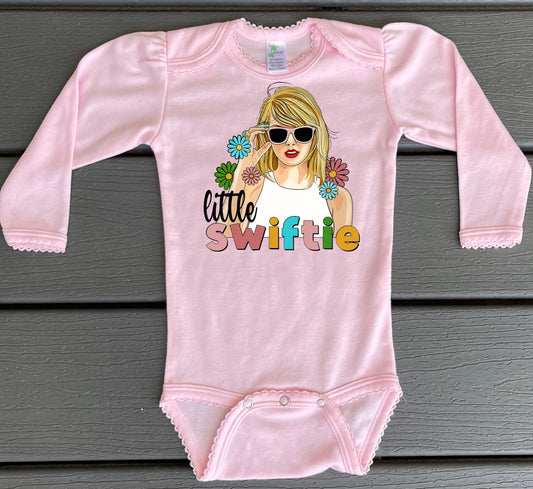 Baby Toddler Girls TAYLOR SWIFT Onesie| Pink Long Sleeve Scallop Trim Onesie LITTLE SWIFTIE  | $10 DEALS