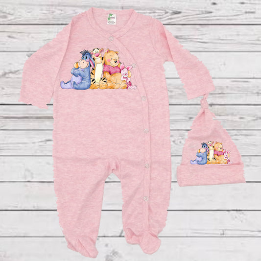 Baby Toddler Girls WINNIE THE POOH 2 Piece Sleeper Set | Winnie the Pooh Pink Long Sleeve Baby Newborn Sleeper & Matching Hat | Great Baby Gift! |