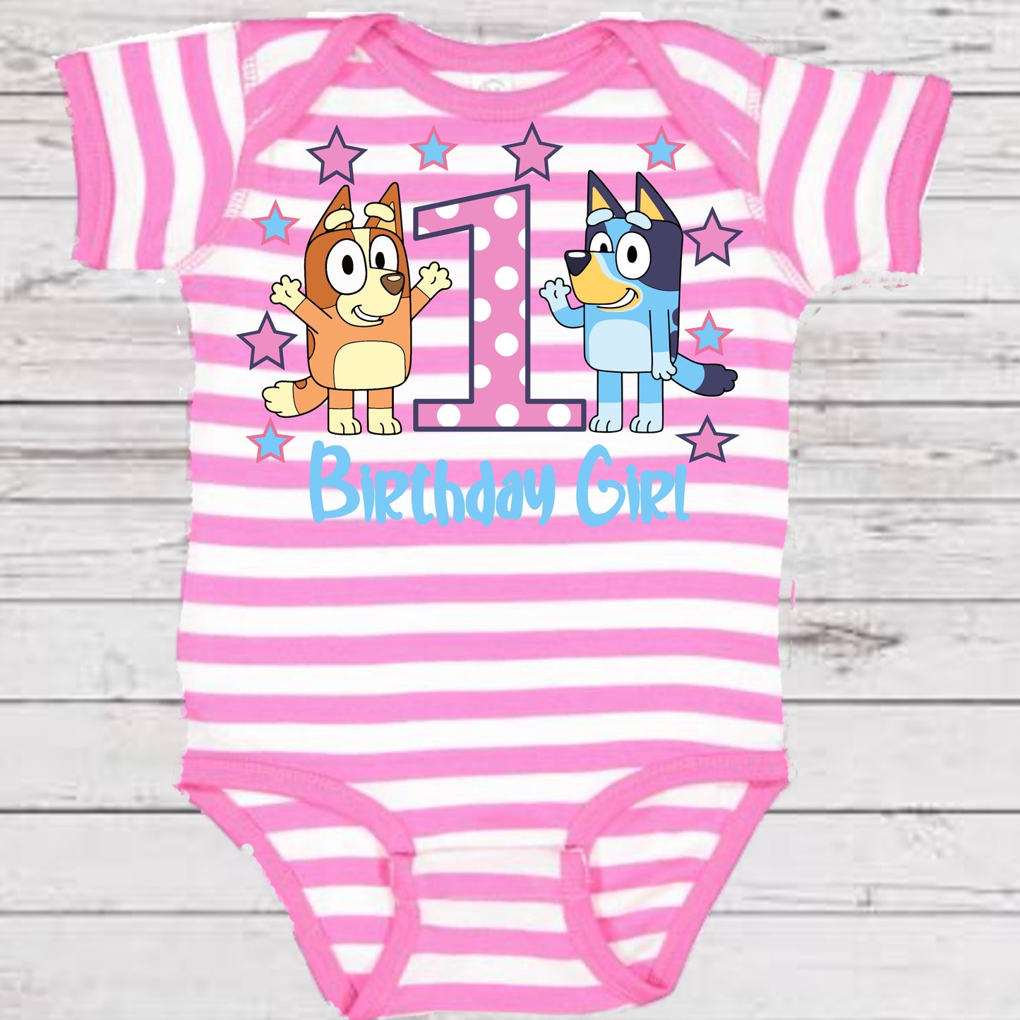 Baby Toddler Girls Bluey and Bingo Birthday Stripe Onesie | Bluey Short Sleeve Birthday Onesie | $10 SALE!