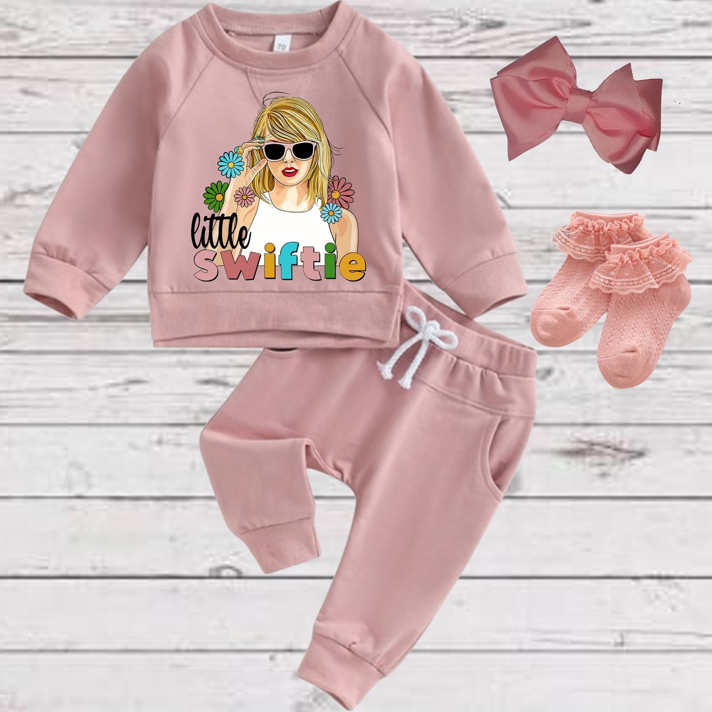 Baby Toddler Girls 4 Piece Mauve Taylor Swift SWEATSUIT | Little Swifty Sweatshirt, Sweatpants, Socks and Hairbow | Adorable!