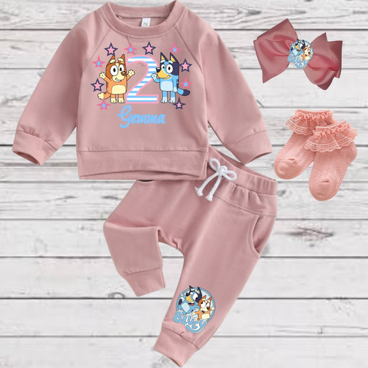 Baby Toddler Girls 4 Piece Mauve BLUEY SWEATSUIT | Bluey Birthday Sweatshirt, Sweatpants, Socks & Hairbow | Adorable!