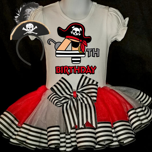 Baby Girls 3 Piece Ribbon Tutu PIRATE Outfit |  "AHOY MATEY" COSTUME Ribbon Tutu, Tshirt and Pirate Hat Headband | ADORABLE!