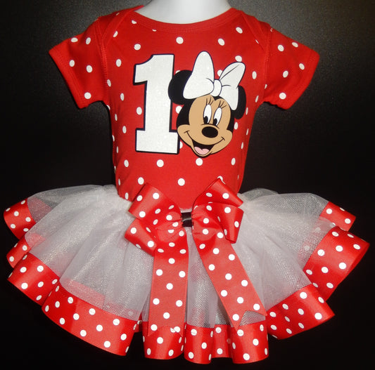 Girls 3 Piece Polkadot MINNIE MOUSE Birthday Ribbon Tutu Outfit | Includes Ribbon Tutu, Tshirt or Onesie and Matching Hair Bow