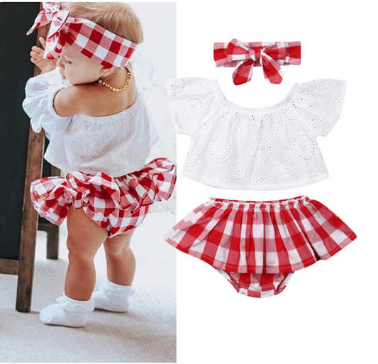 Baby Girls Red Checked Bloomers 3 Piece Outfit | Baby Toddler White Eyelet Cropped Top & Matching Bloomer Skirt & Headband | Great Baby Gift!