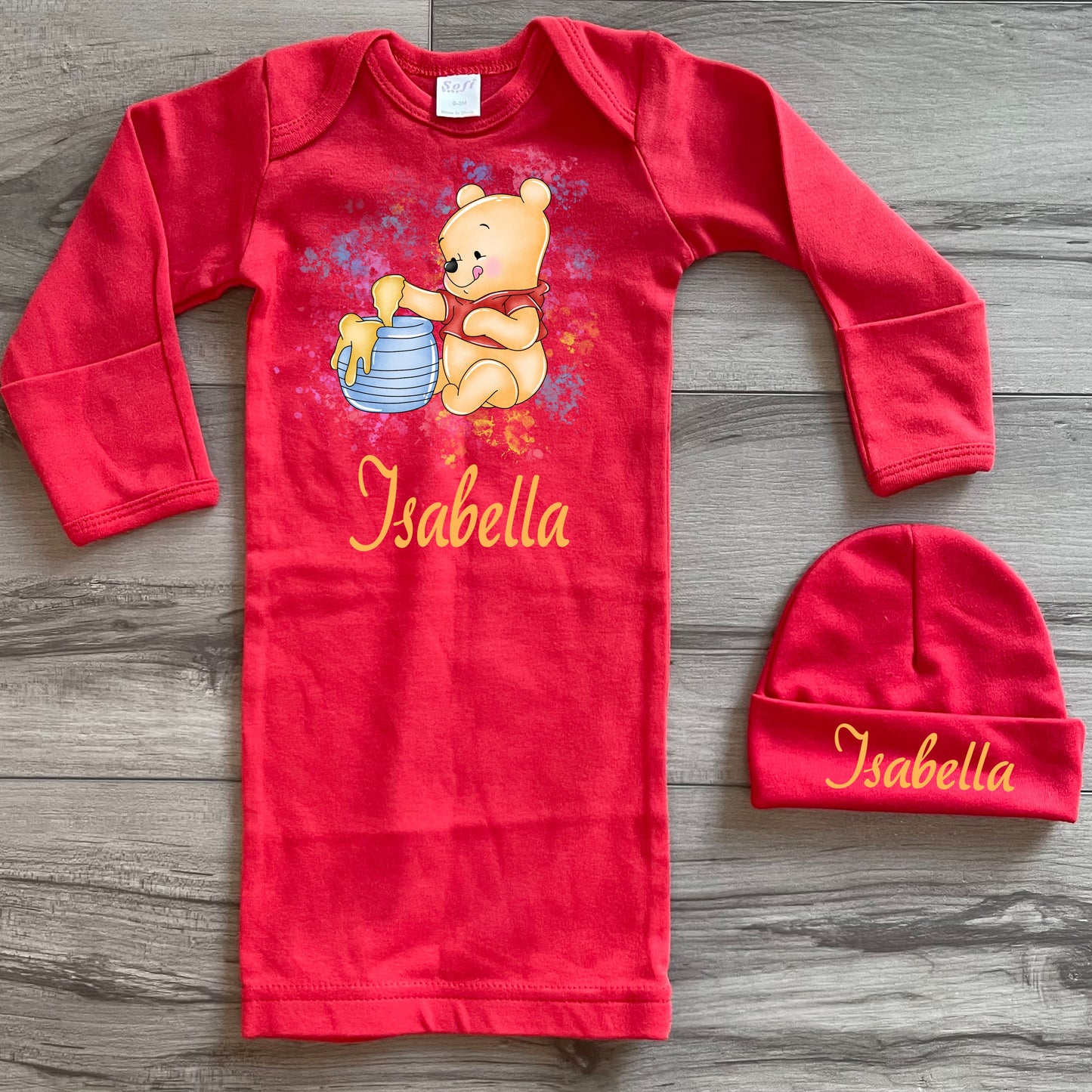 Baby Toddler Girls 2 Piece Newborn Red Gown Gift Set | Personalized Long Sleeve Baby Sleeper & Matching Hat | Great Baby Gift!