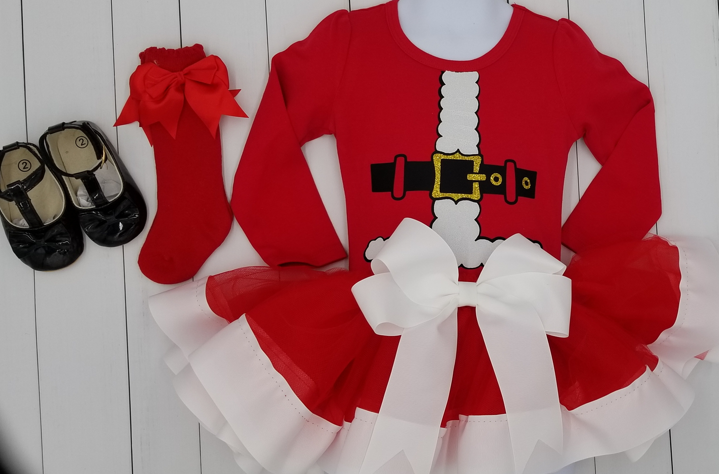 Girls 4 Piece SANTA CLAUS Ribbon Tutu Outfit Includes Ribbon Tutu & Matching Long Sleeve Onesie, Red Socks & Shoes