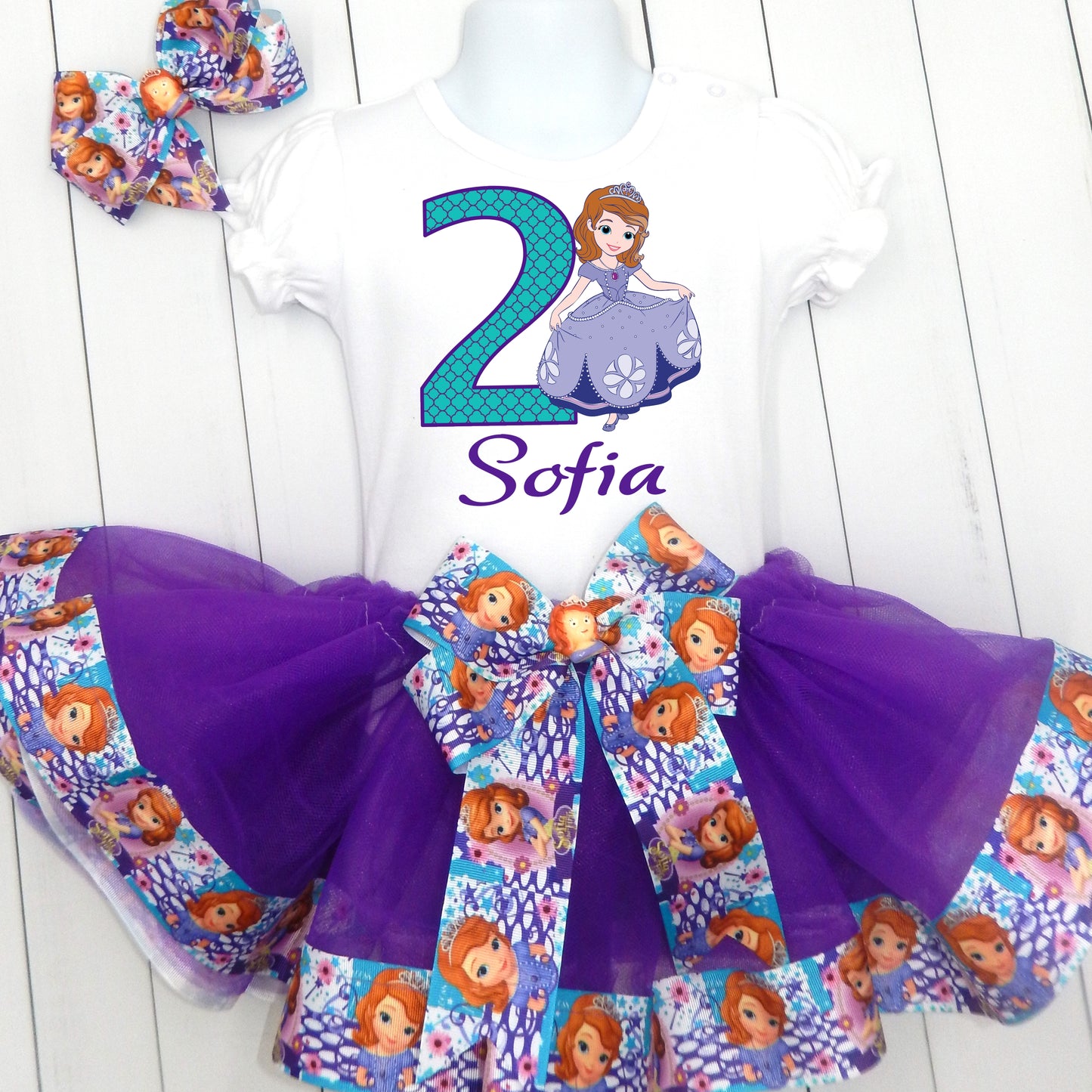 Girls 3 Piece SOFIA THE FIRST Birthday Ribbon Tutu Outfit | Ribbon Tutu, Tshirt or Onesie & Matching Hair Bow | SOFIA Birthday Dress