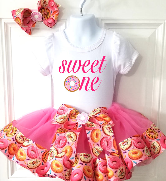 Girls "SWEET ONE"  3 Piece Birthday Ribbon Tutu Outfit |  DONUT Ribbon Tutu, Tshirt or Onesie and Matching Hair Bow | Adorable!