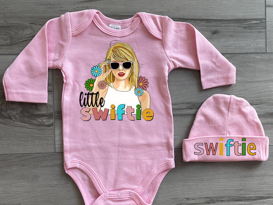 Baby Toddler Girls TAYLOR SWIFT 2 Piece Onesie Set | Pink Long Sleeve Newborn Onesie & Matching Hat | Great Baby Gift!