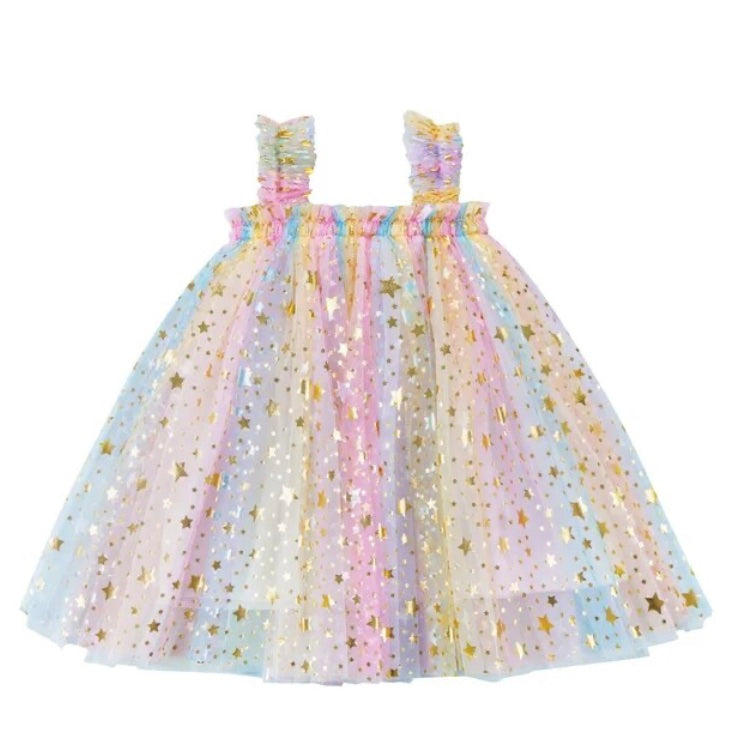 Baby Girl Toddler Pastel Tulle Layered Dress with Gold Stars | Fluffy Party Tulle Dress with Gold Stars | Perfect For BIRTHDAY Pictures