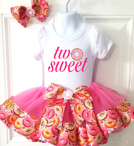 Girls "TWO SWEET"  3 Piece Birthday Ribbon Tutu Outfit |  DONUT Ribbon Tutu, Tshirt or Onesie and Matching Hair Bow | Adorable!