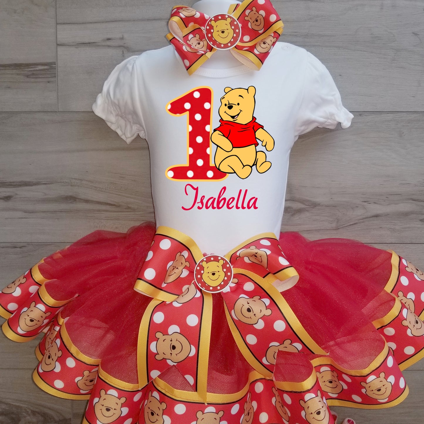 Girls WINNIE THE POOH 3 Piece Birthday Ribbon Tutu Outfit |  Winnie Red & Yellow Ribbon Tutu, Tshirt or Onesie and Matching Hair Bow | Adorable!