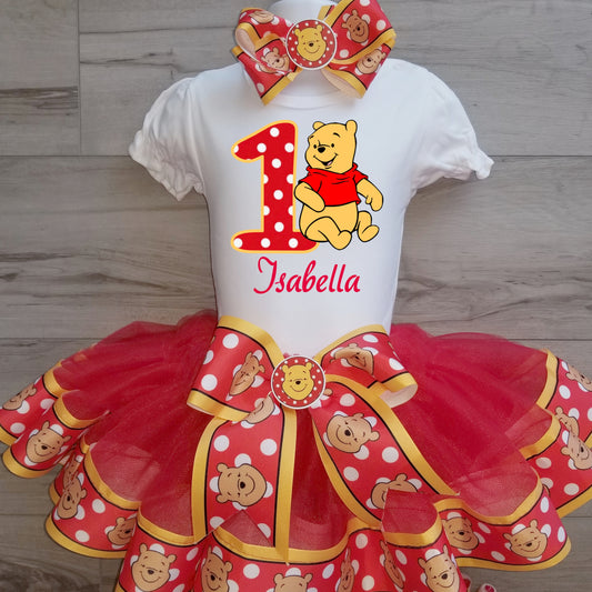 Girls WINNIE THE POOH 3 Piece Birthday Ribbon Tutu Outfit |  Winnie Red & Yellow Ribbon Tutu, Tshirt or Onesie and Matching Hair Bow | Adorable!