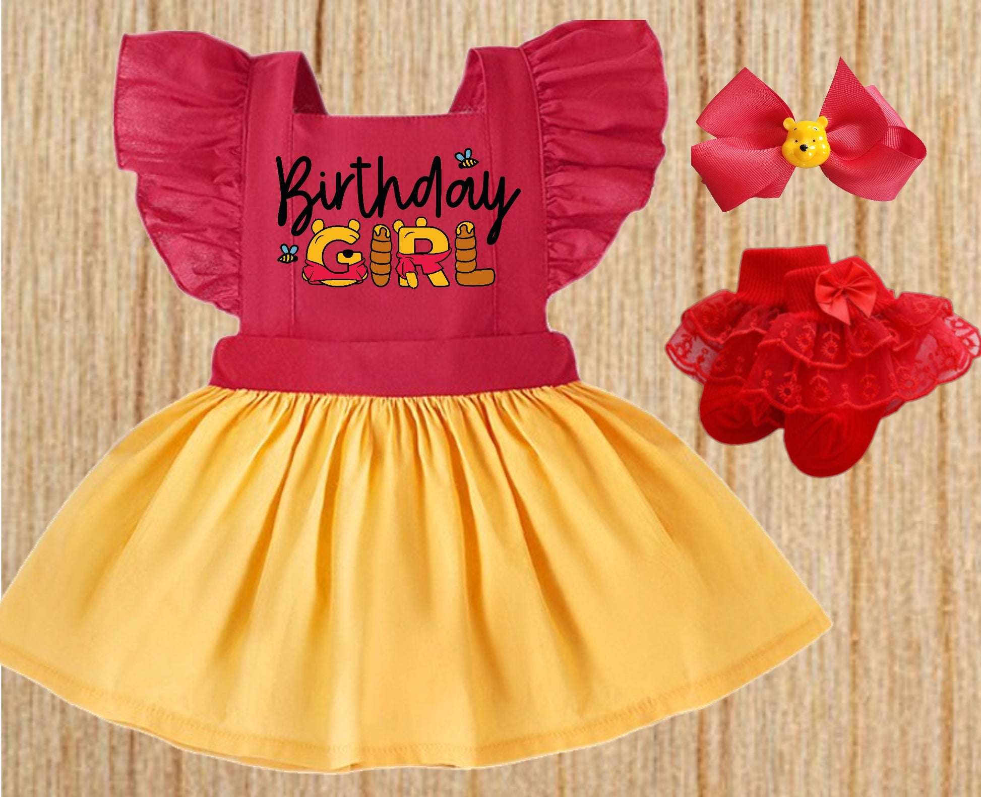 Baby Girl Toddler Birthday WINNIE THE POOH Dress Outfit | Red & Yellow Birthday Custom Design Baby Girl Toddler Birthday WINNIE THE POOH Dress Outfit | Red & Yellow Birthday Custom Design