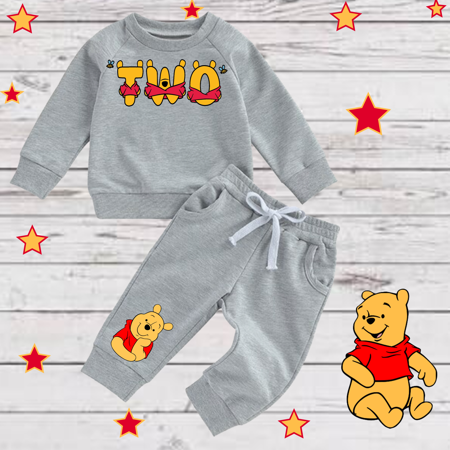 Baby Toddler Boys Grey WINNIE THE POOH SWEATSUIT | 2 Piece Gray Birthday Pooh Bear Sweatshirt and Sweatpants | ONE & TWO BIRTHDAYS Adorable!