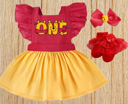 Baby Girl Toddler Birthday WINNIE THE POOH Dress Outfit | Red & Yellow Pooh Bear Flutter Sleeve Birthday Dress, Socks & Matching Hair Bow  | Perfect For Pictures |  Photo Prop Birthday Outfit