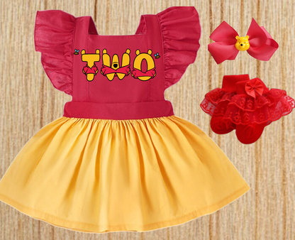 Baby Girl Toddler Birthday WINNIE THE POOH Dress Outfit | Red & Yellow Pooh Bear Flutter Sleeve Birthday Dress, Socks & Matching Hair Bow  | Perfect For Pictures |  Photo Prop Birthday Outfit