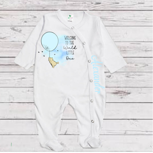 Baby Toddler Boys WINNIE THE POOH White Sleeper| Winnie the Pooh Long Sleeve Baby Newborn Sleeper "Welcome to the World Little One"| Great Baby Gift! | Personalized