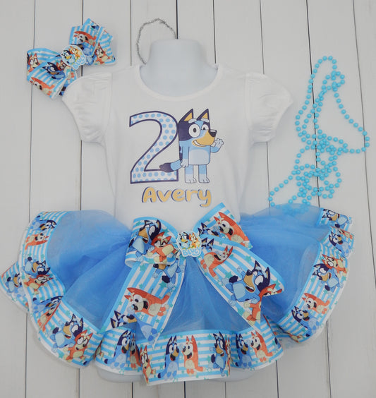 Girls 3 Piece BLUEY Birthday Ribbon Tutu Outfit Includes Ribbon Tutu, Tshirt or Onesie and Matching Hair Bow