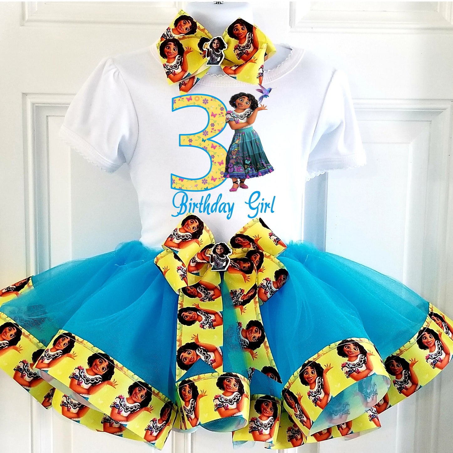 Girls 3 Piece ENCANTO Birthday Ribbon Tutu Outfit Includes Ribbon Tutu, Tshirt or Onesie and Matching Hair Bow