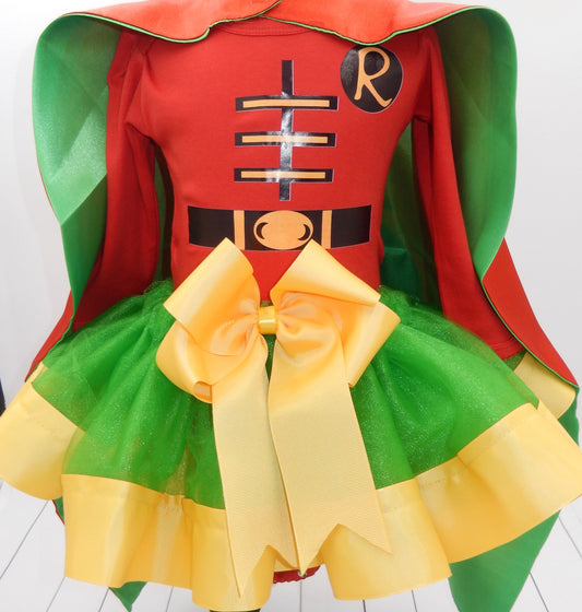 Girls 4 Piece ROBIN Costume Ribbon Tutu Outfit Includes Ribbon Tutu, Tshirt or Onesie, Cape and Mask | Wonder Woman Dress