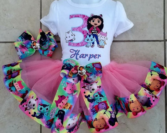 Girls 3 Piece GABBY'S DOLLHOUSE  Birthday Ribbon Tutu Outfit Includes Ribbon Tutu, Tshirt or Onesie and Matching Hair Bow