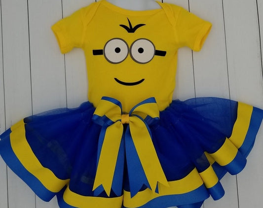 Girls 3 Piece MINION Costume Ribbon Tutu Outfit Includes Ribbon Tutu, Tshirt or Onesie and Matching Hair Bow