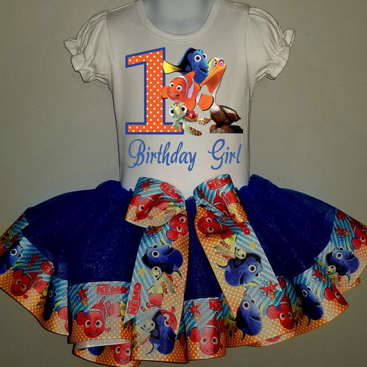 Girls 3 Piece FINDING NEMO Birthday Ribbon Tutu Outfit Includes Ribbon Tutu, Tshirt or Onesie and Matching Hair Bow