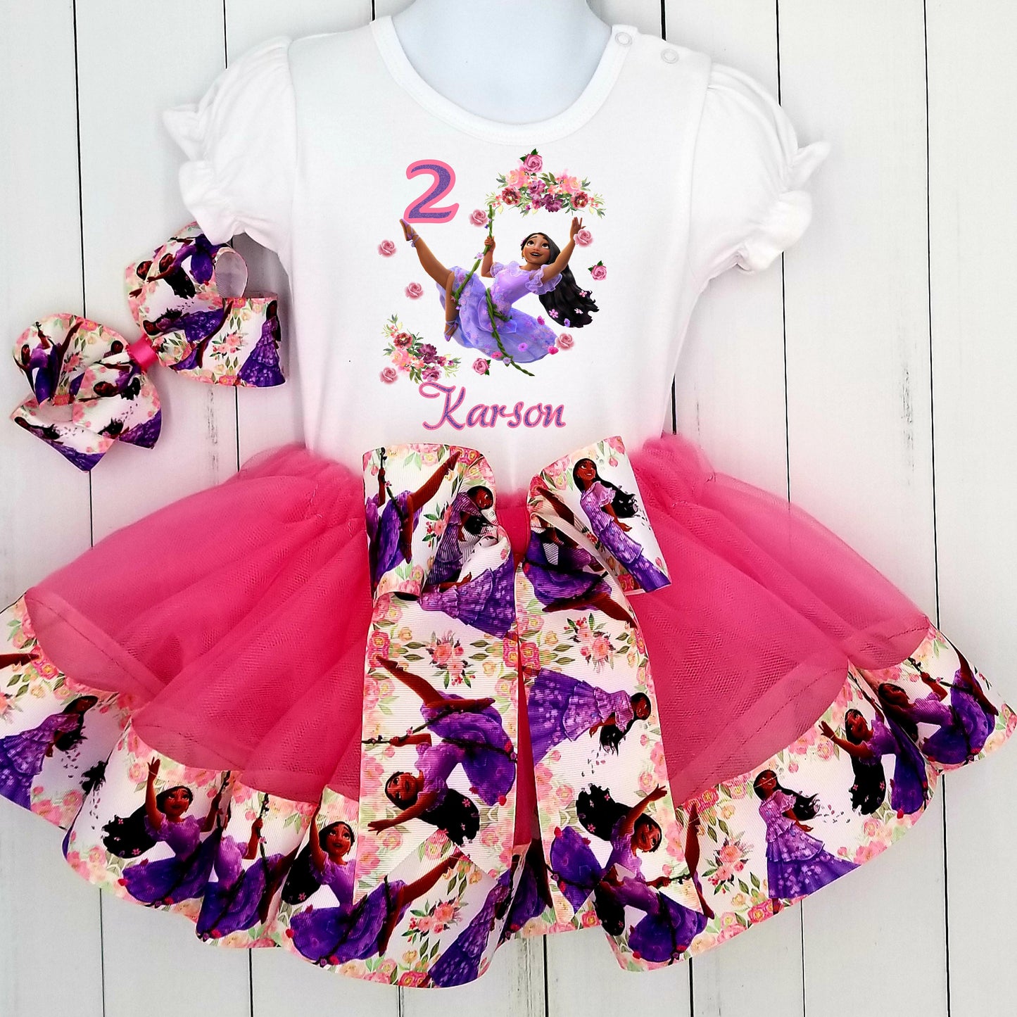 Girls 3 Piece ENCANTO ISABELLA SWING Birthday Ribbon Tutu Outfit Includes Ribbon Tutu, Tshirt or Onesie and Matching Hair Bow