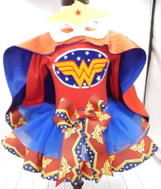 Girls 4 Piece WONDERWOMAN Costume Ribbon Tutu Outfit Includes Ribbon Tutu, Tshirt or Onesie, Cape and Mask | Wonder Woman Dress