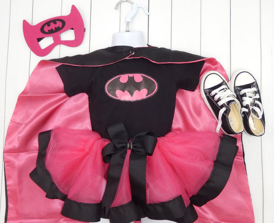 Girls 4 Piece BATMAN Costume Ribbon Tutu Outfit Includes Ribbon Tutu, Tshirt or Onesie, Cape and Mask | Wonder Woman Dress