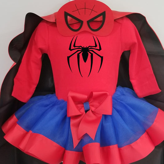 Girls 4 Piece SPIDERMAN Costume Ribbon Tutu Outfit Includes Ribbon Tutu, Tshirt or Onesie, Cape and Mask | Wonder Woman Dress