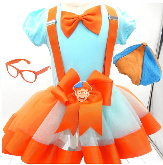 Girls 6 Piece BLIPPI COSTUME Ribbon Tutu Outfit Includes Ribbon Tutu, Tshirt, Suspenders, Hat, Bow Tie and Glasses So Cute!