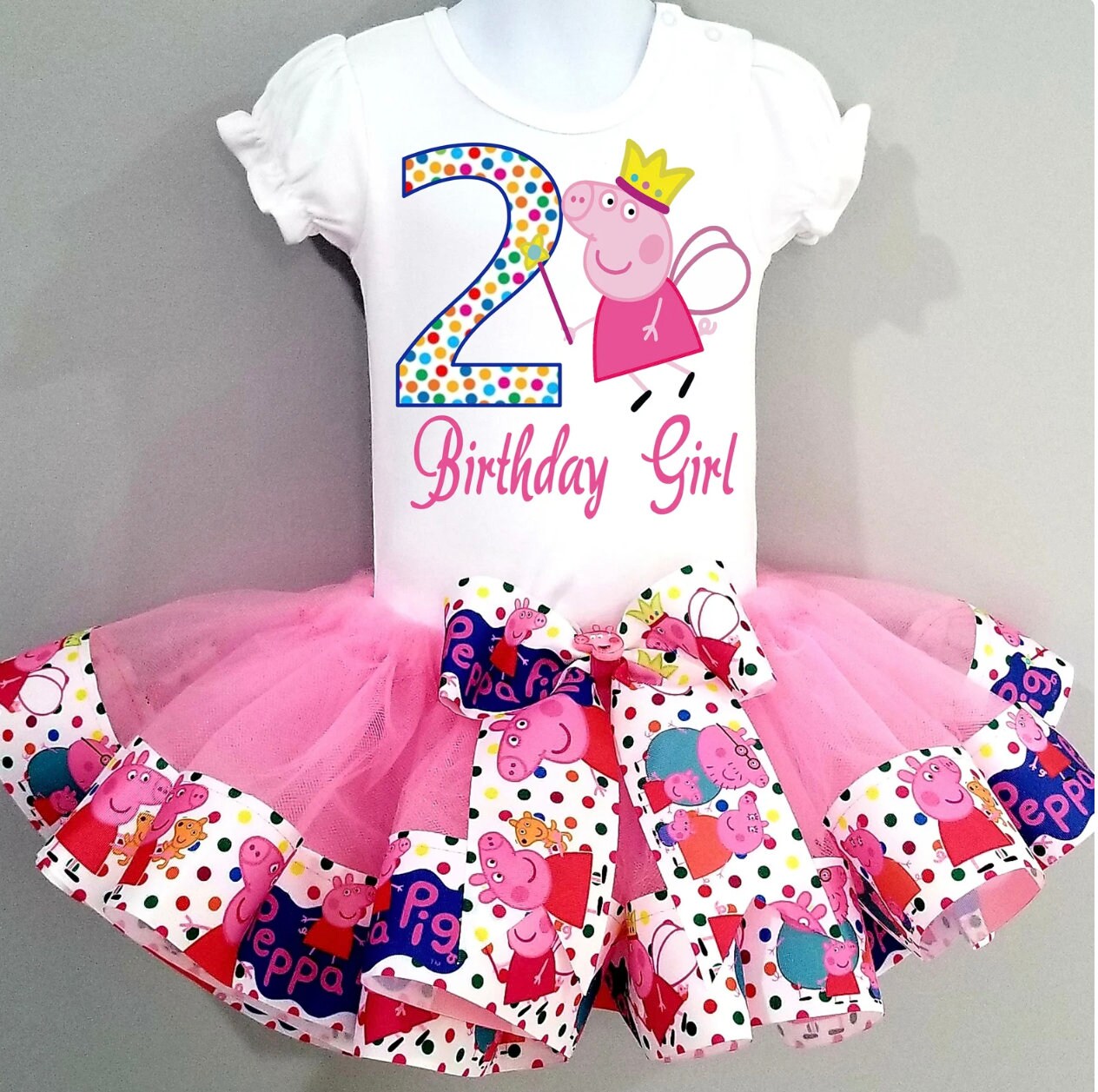 Girls 3 Piece PEPPA PIG Birthday Ribbon Tutu Outfit Includes Ribbon Tutu, Tshirt or Onesie and Matching Hair Bow
