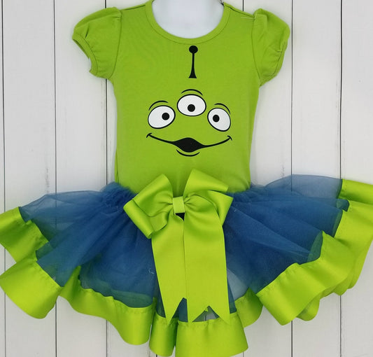 Girls 3 Piece TOY STORY ALIAN Costume Ribbon Tutu Outfit Includes Ribbon Tutu, Tshirt or Onesie and Matching Hair Bow