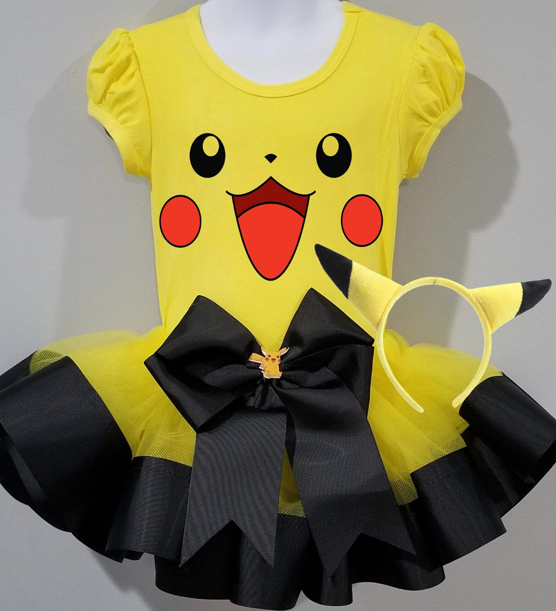 Girls 3 Piece PIKACHU Costume Ribbon Tutu Outfit Includes Ribbon Tutu, Tshirt or Onesie and Matching Headband