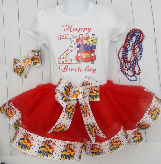 Girls 3 Piece WIGGLES Birthday Ribbon Tutu Outfit Includes Ribbon Tutu, Tshirt or Onesie and Matching Hair Bow